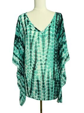 Resort Swim Cover Up Womens 8-10 Green Tie Dye Sheer Kaftan Beach Boho